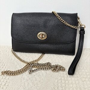 Coach Chain Crossbody 33390 Black Crossgrain Leather Convertible Clutch Wristlet